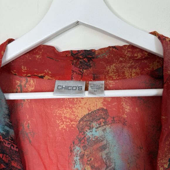 Chicos Womens Sz 1 M/8 Red Silk Asian Lantern Kimono Open Tie Front Blouse Top - Picture 7 of 12
